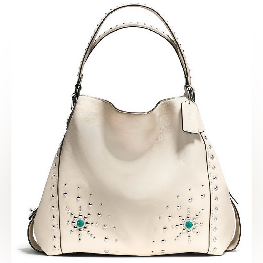 Coach Cream Leather Hobo Shoulder Bag with Turquoise Accents